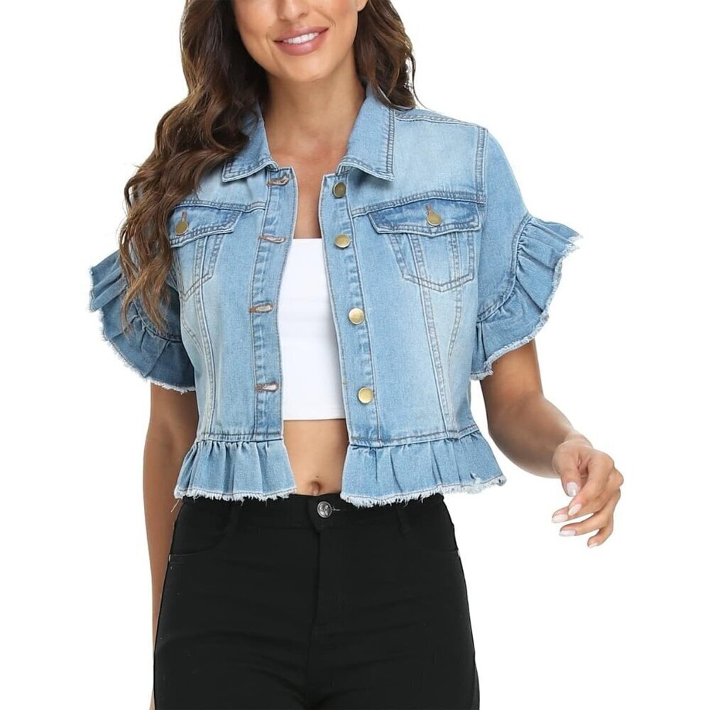 🆕Women’s Blue MISS MOLY Denim Jacket Ruffle Sleeve Cropped Distressed
